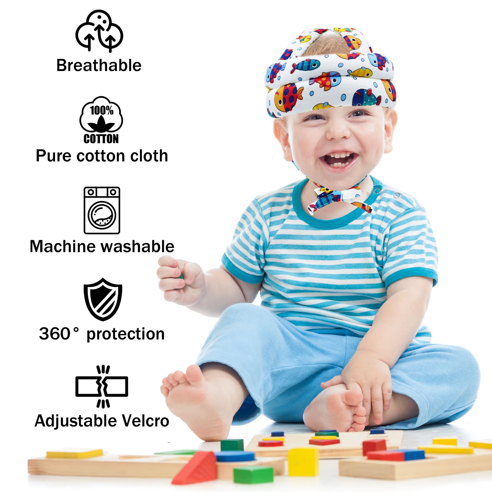 CUXFLS baby head protector, fish design, side view shows adjustable straps for secure fit.
