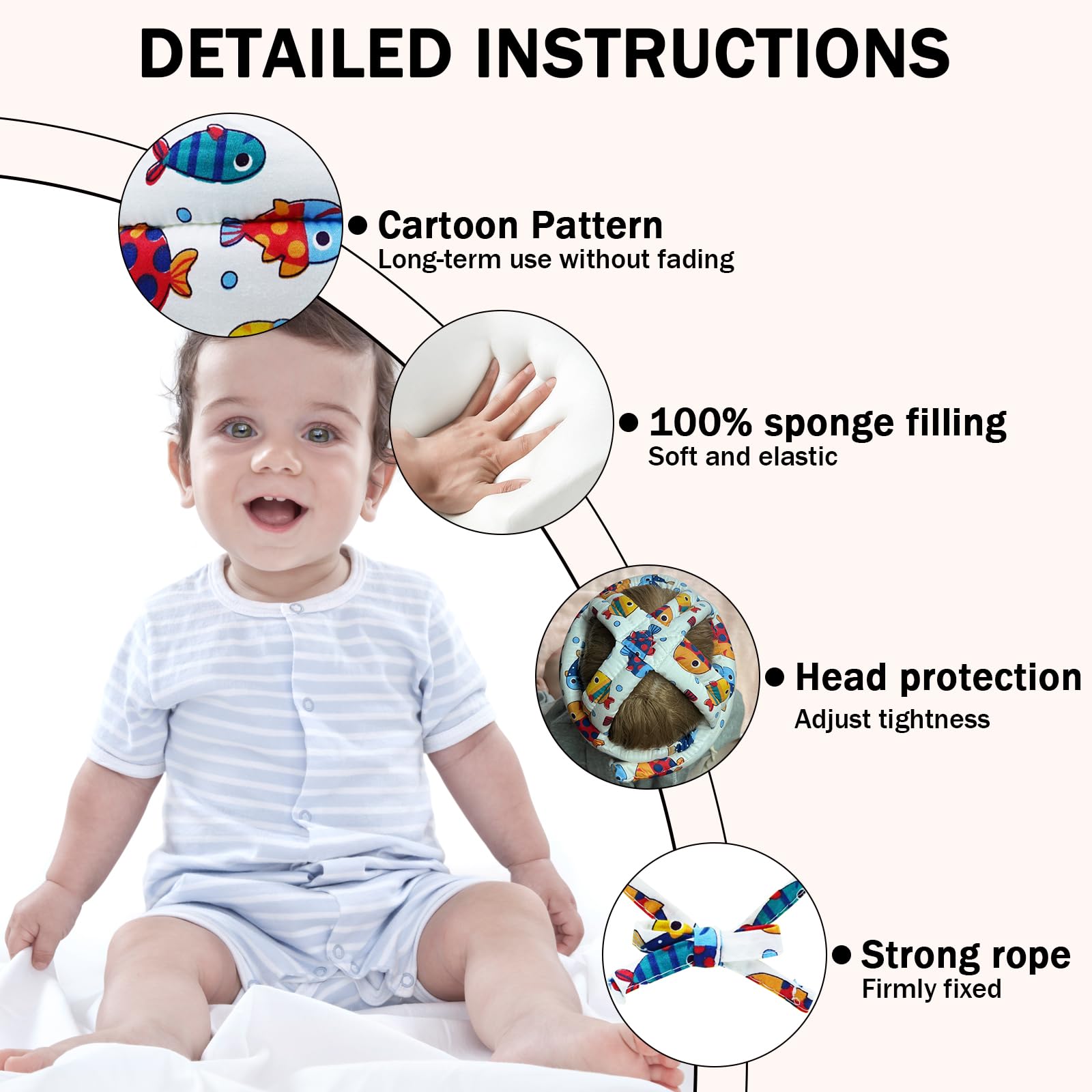 CUXFLS fish-design headguard, strap adjustment detail ensuring it stays on during crawling.