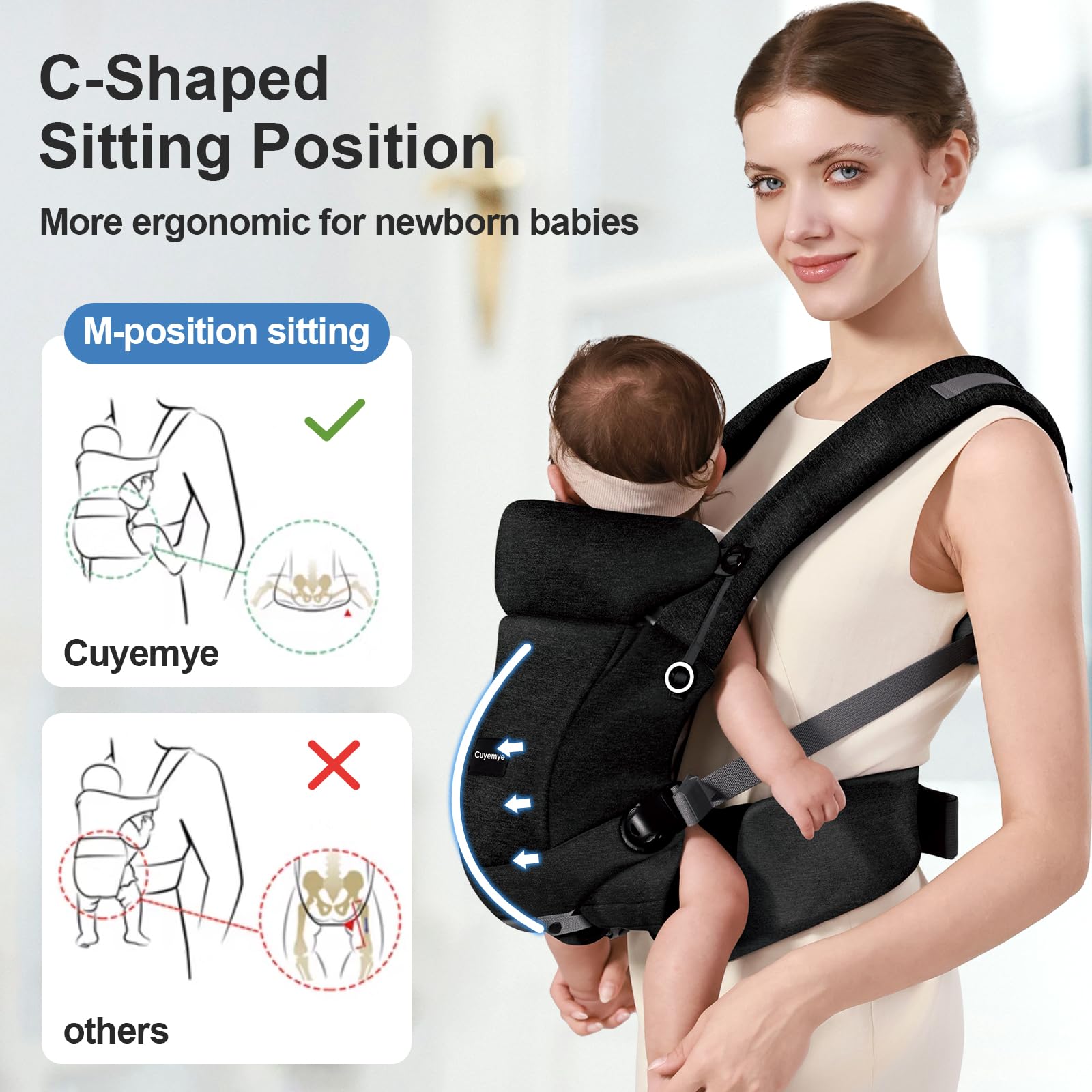 Cuyemye baby carrier C-shaped sitting supports natural spine alignment
