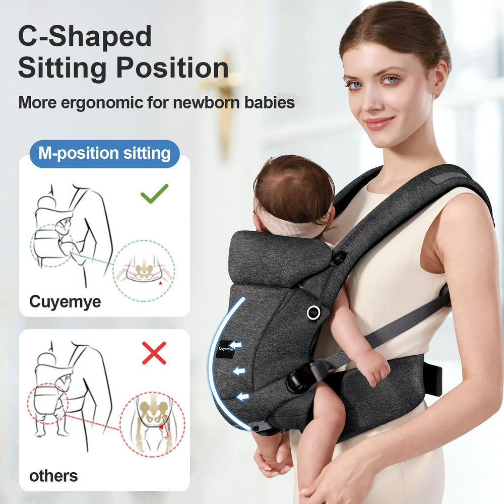 Cuyemye carrier shows C-shaped sitting position supporting baby's spine.