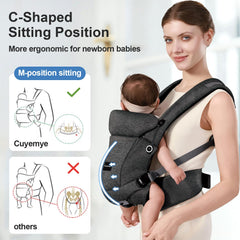 Cuyemye carrier shows C-shaped sitting position supporting baby's spine.