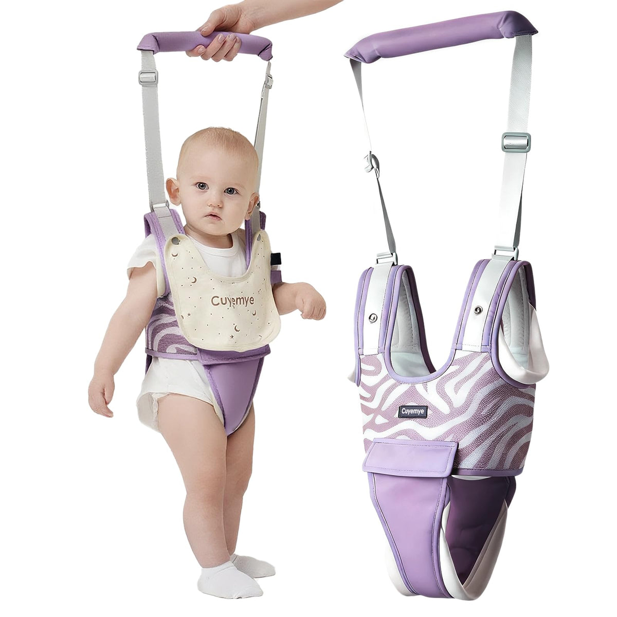 Cuyemye baby walking harness front view shows upright support for early walkers