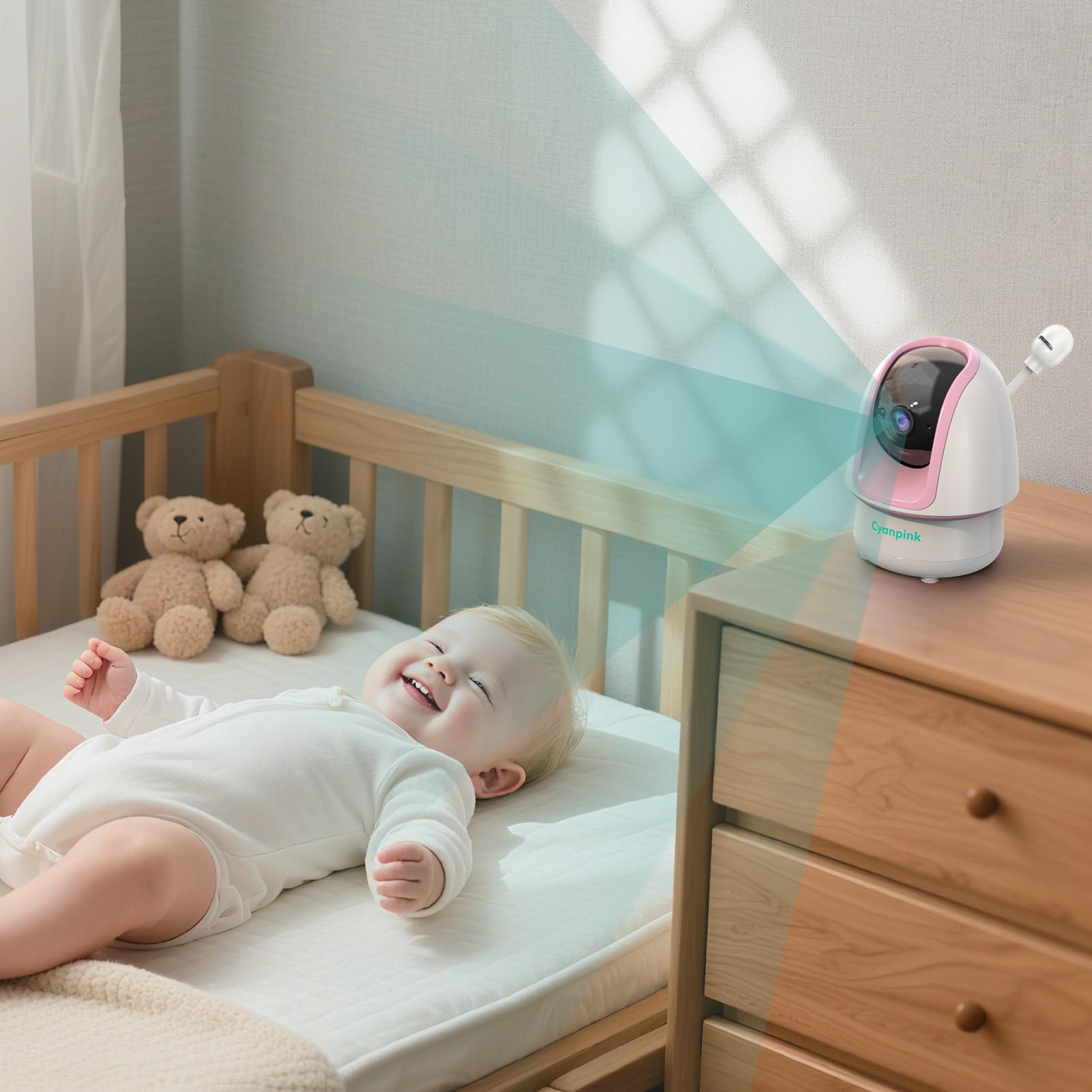 Cyanpink video baby monitor AI alerts for quicker care cues.