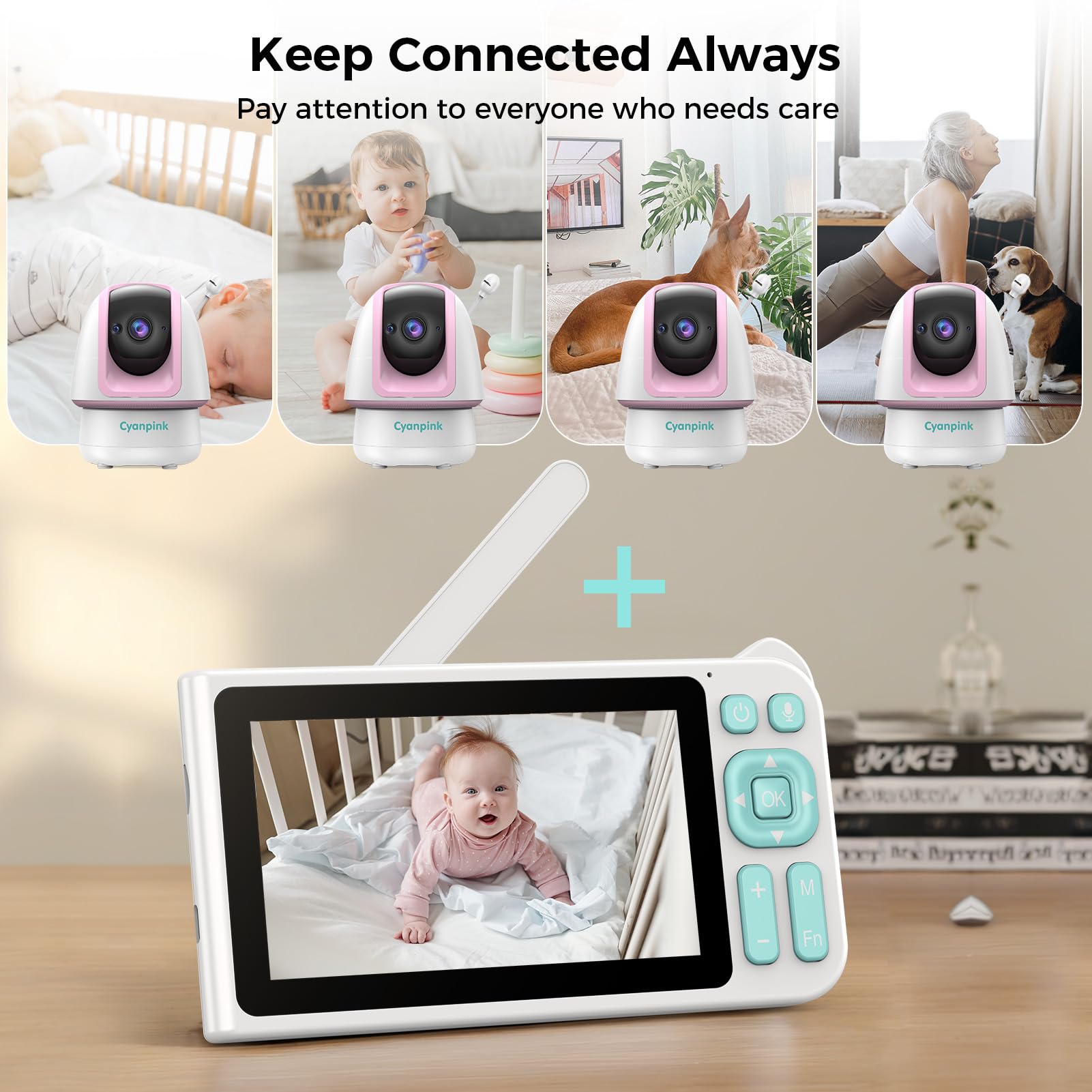 Cyanpink video baby monitor PTZ with 2-way audio for remote viewing and talk.