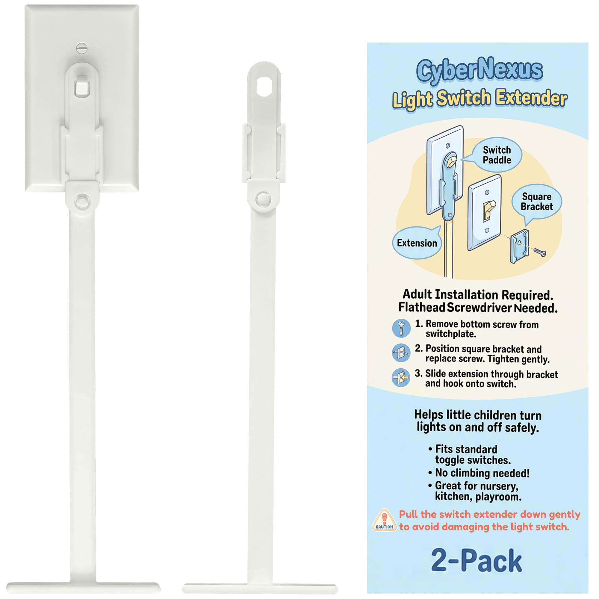 CyberNexus light switch extender with wide handle improves kid-friendly grip for safe light control