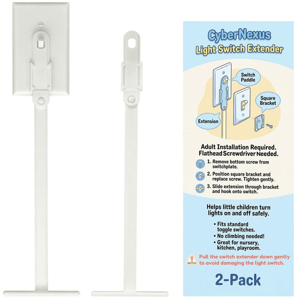 CyberNexus light switch extender with wide handle improves kid-friendly grip for safe light control