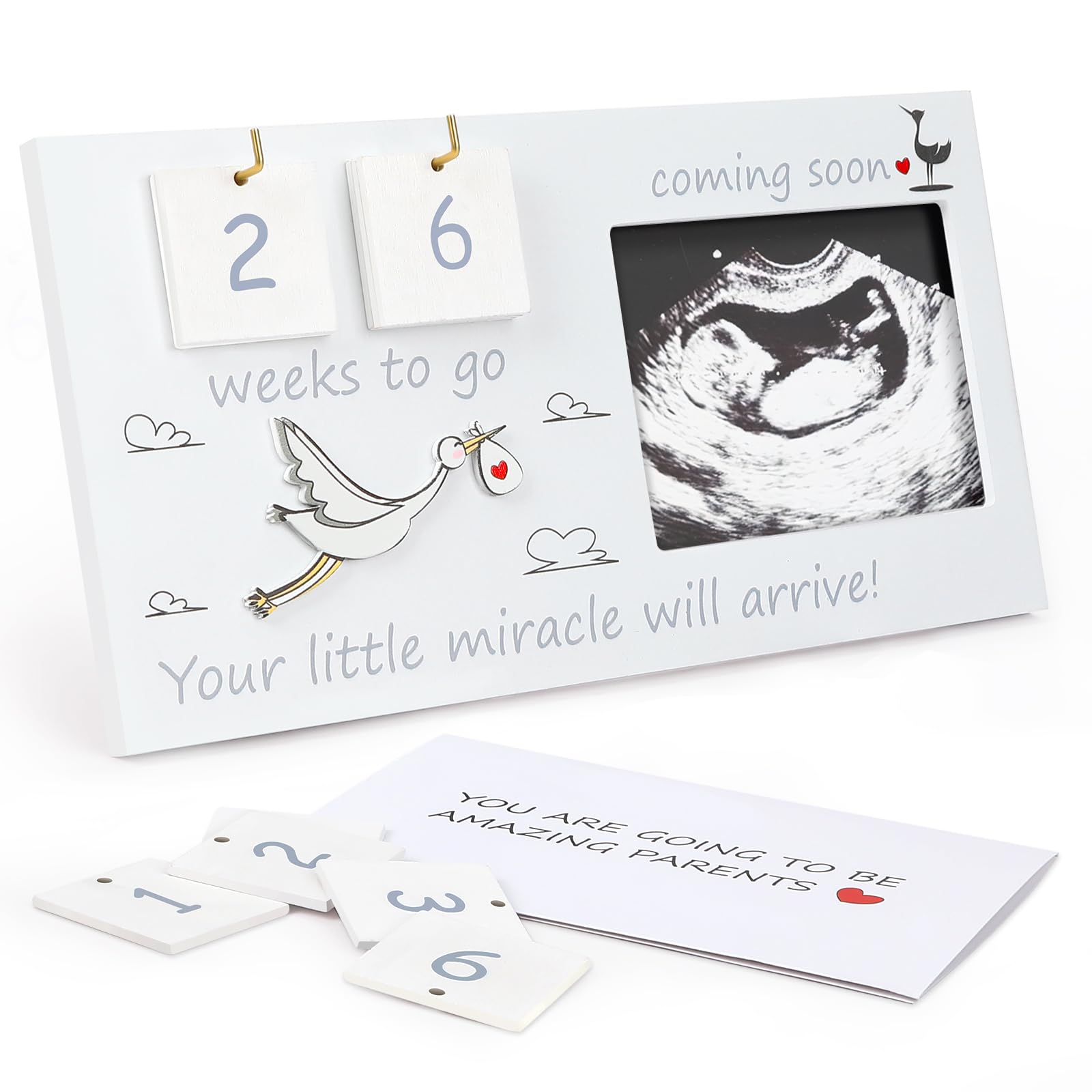 CypherX baby sonogram frame holding a 4x3 ultrasound photo in warm wood.