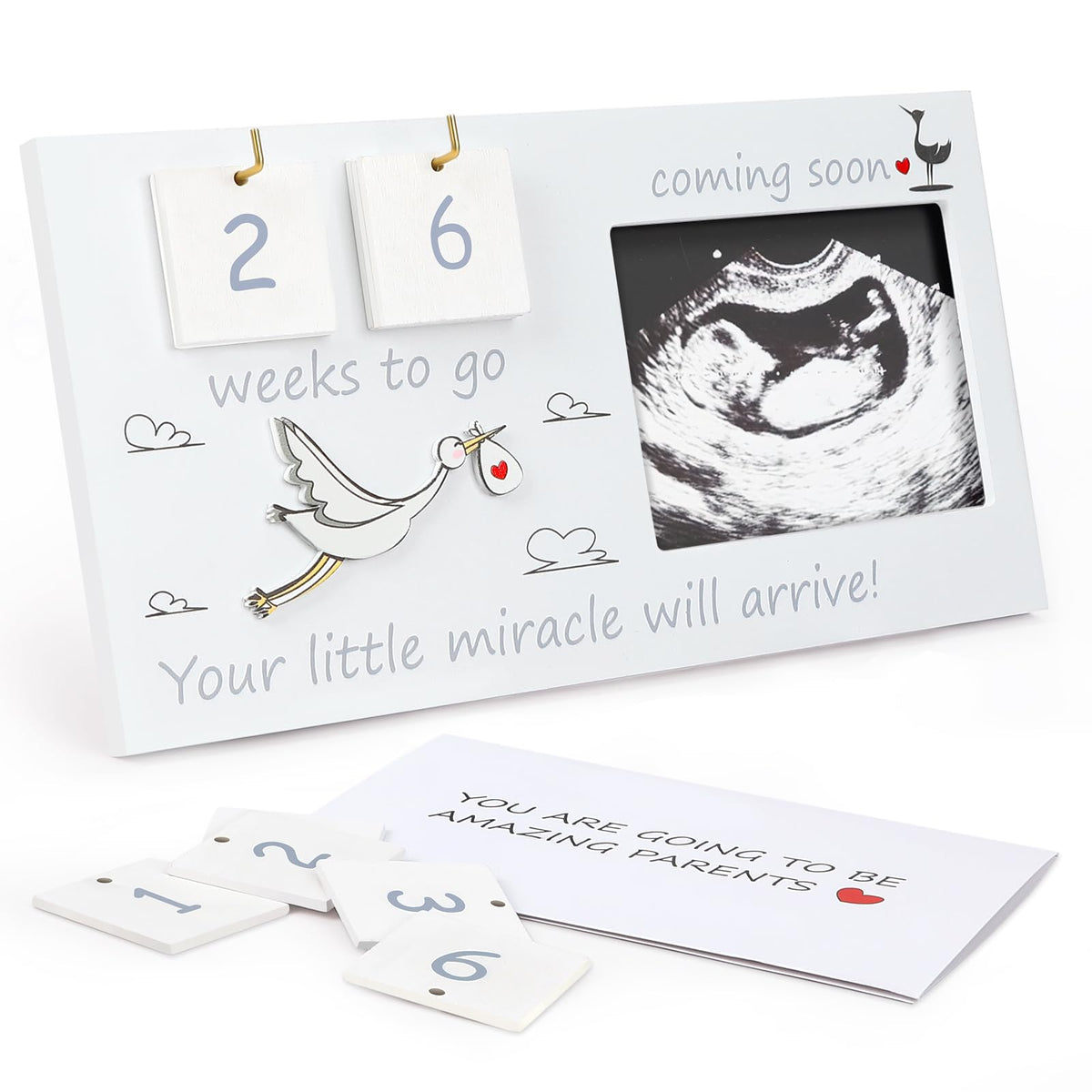 CypherX baby sonogram frame holding a 4x3 ultrasound photo in warm wood.
