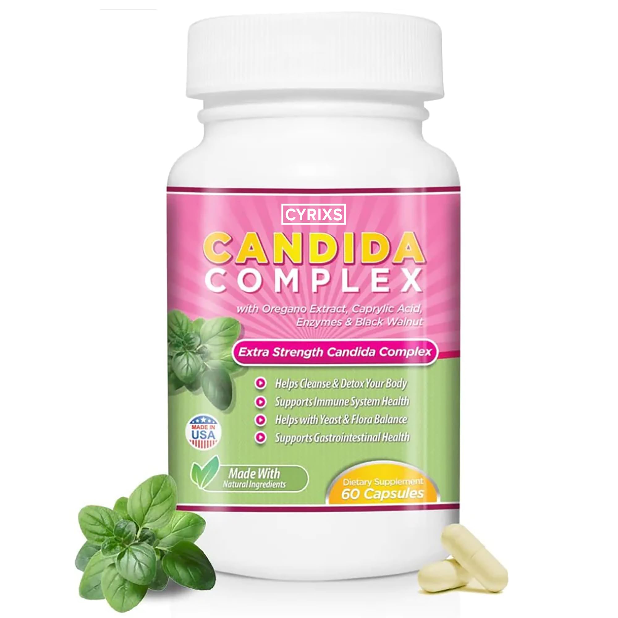 Cyrixs Health Candida Complex bottle for natural vaginal balance and flora support.