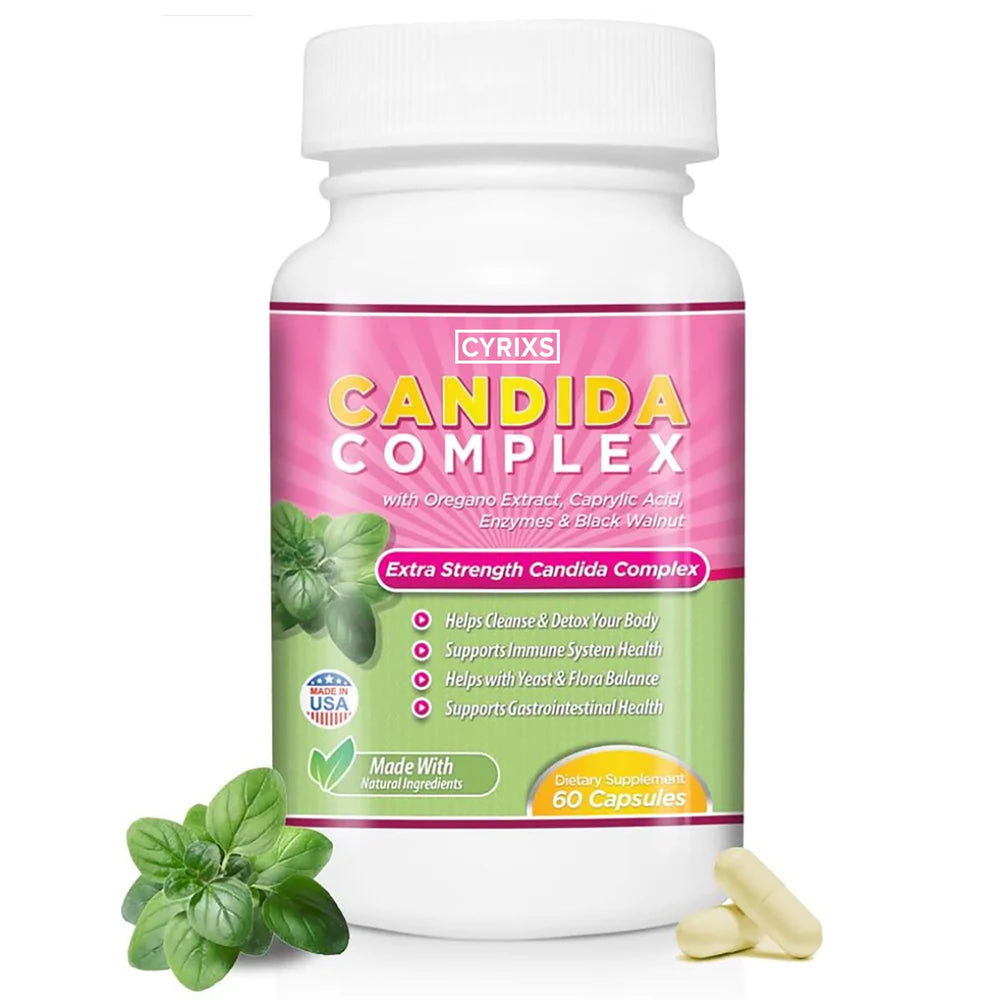 Cyrixs Health Candida Complex bottle for natural vaginal balance and flora support.