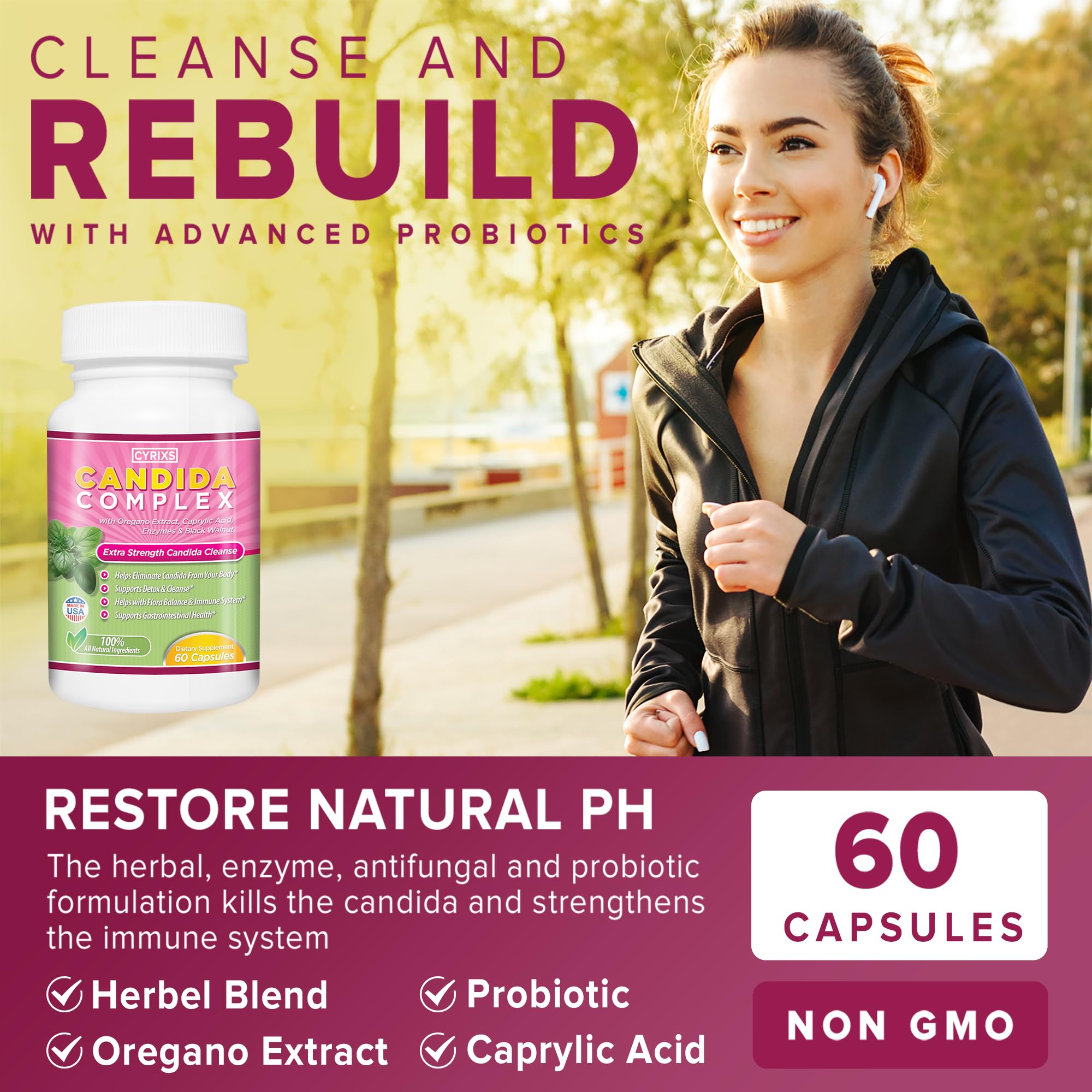 Cyrixs Health Candida Complex ingredients close-up emphasizes herbs, enzymes, probiotics.