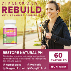 Cyrixs Health Candida Complex ingredients close-up emphasizes herbs, enzymes, probiotics.