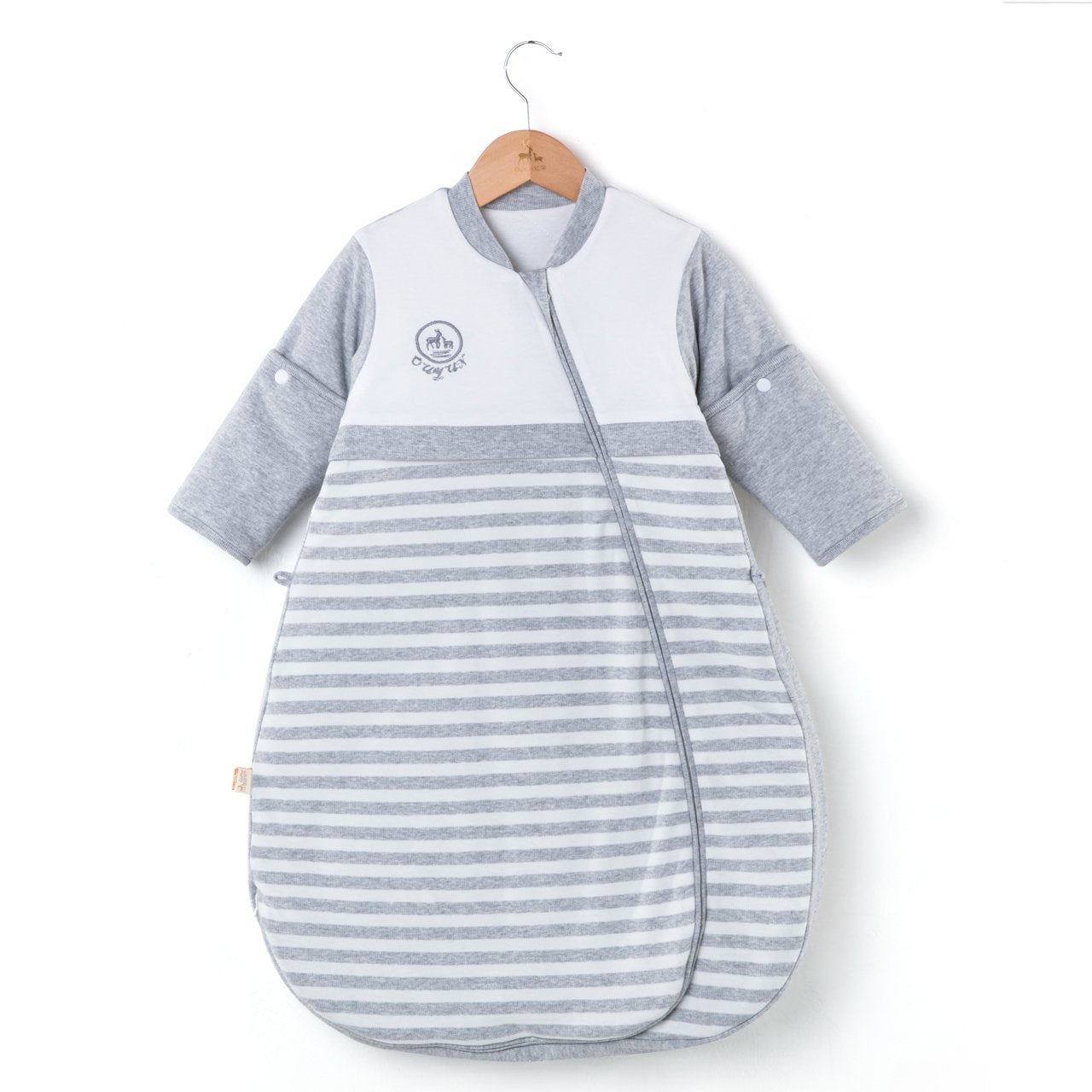 CYUURO baby sleeping bag in gray with sleeves attached for snug warmth during naps