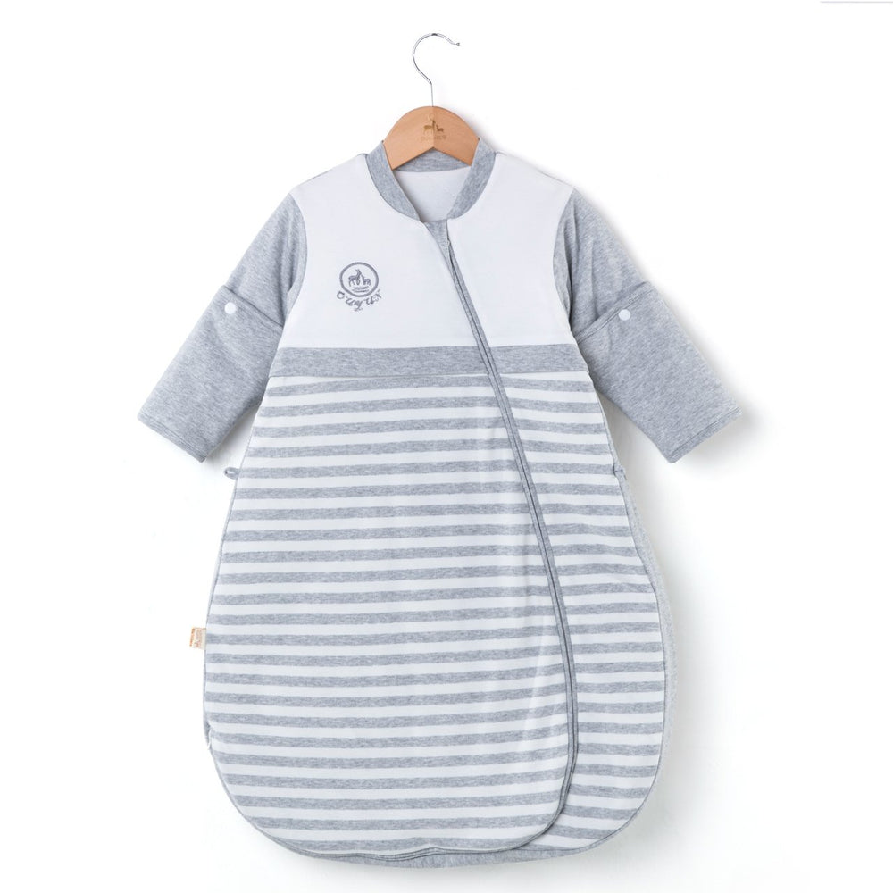 CYUURO baby sleeping bag in gray with sleeves attached for snug warmth during naps