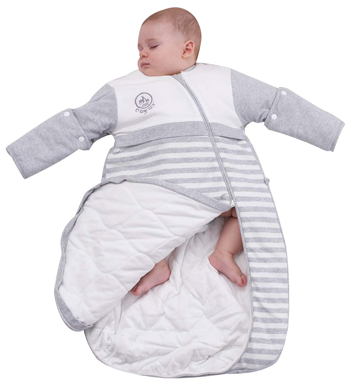 CYUURO baby sleeping bag grey front view with soft organic cotton for cozy nights
