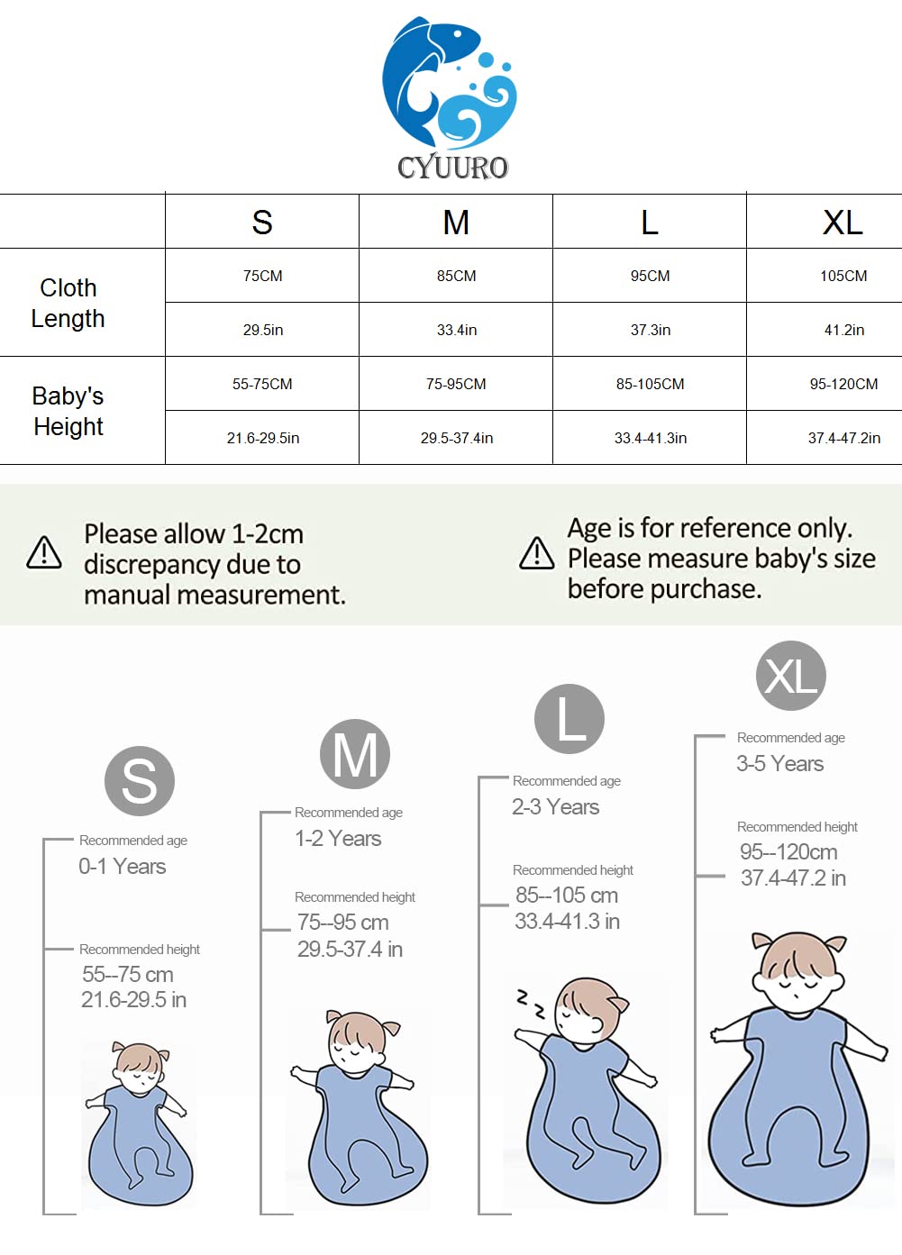 CYUURO wearable blanket sleeping bag available in small to xl sizes to fit growing toddlers