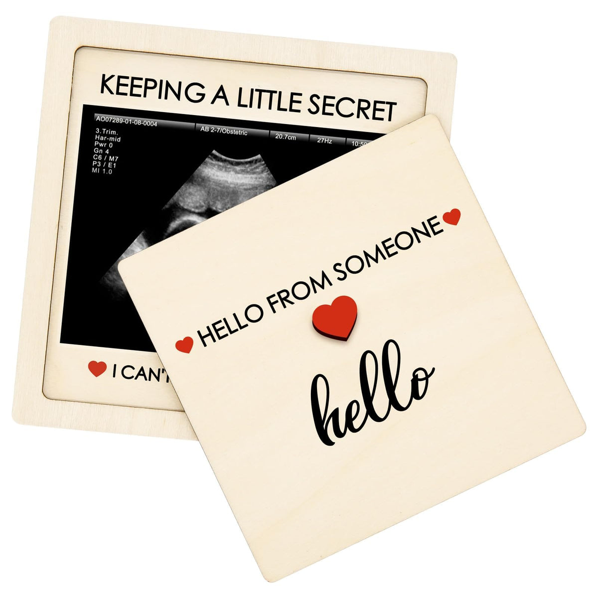 CYUXING ultrasound photo frame inside a wooden surprise box, ideal for grandparents' pregnancy announcements.