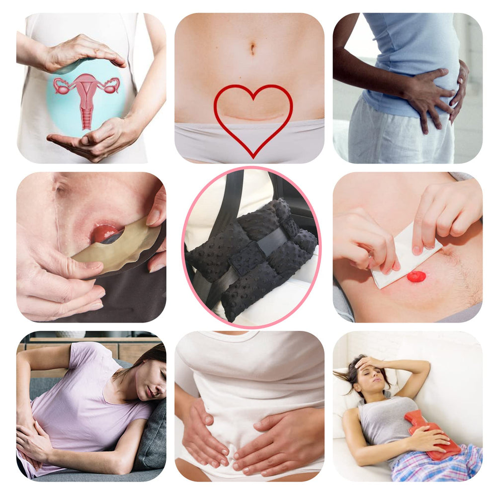 D. Cozy ostomy seat belt pillow in black color for discreet daily use.