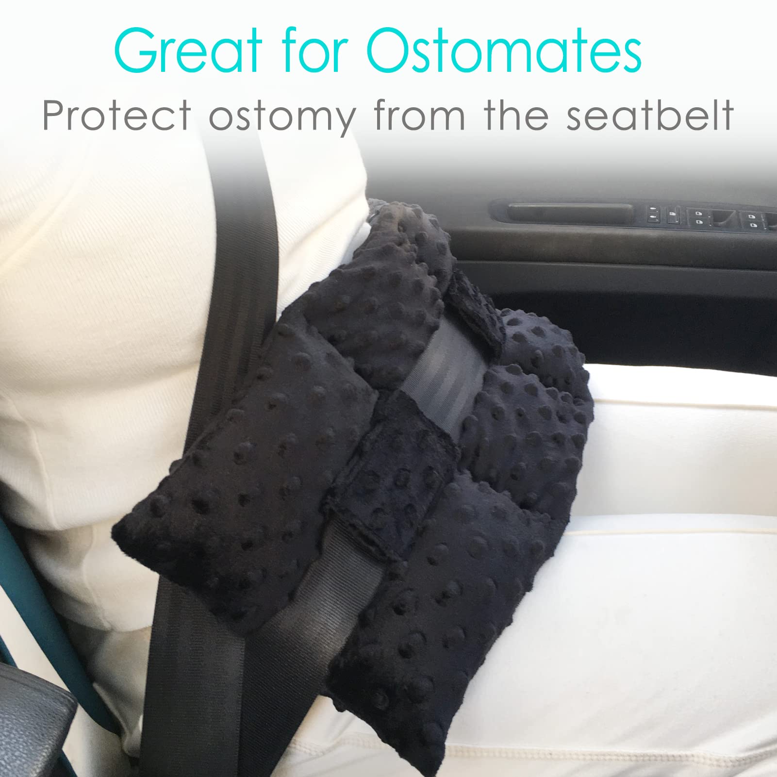 D. Cozy ostomy seat belt pillow placed on car seat protecting the stoma during travel.