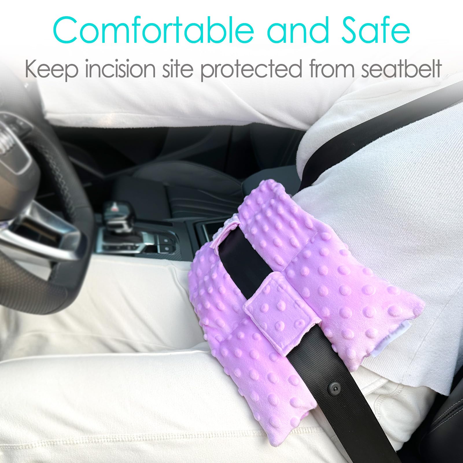 D. Cozy Ostomy Seat Belt Pillow side view showing belt wrap.