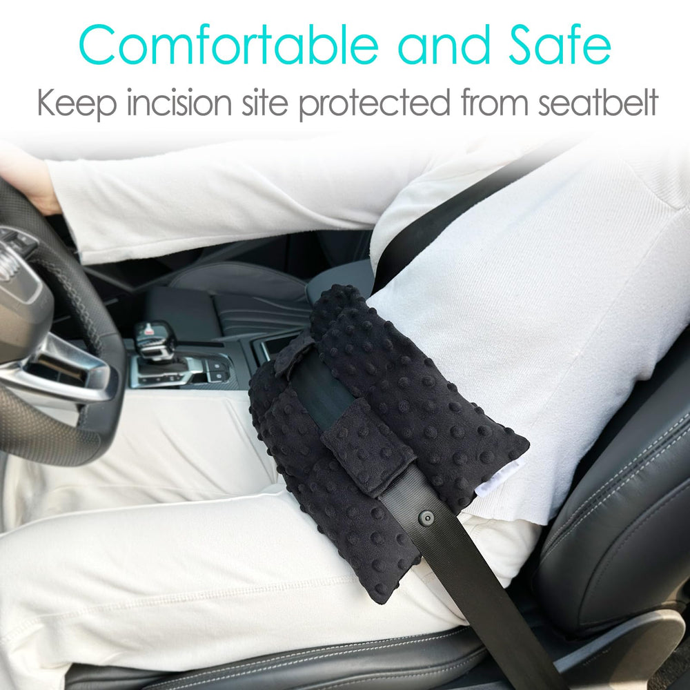 D. Cozy ostomy seat belt pillow with Velcro attachment for easy belt wrapping.