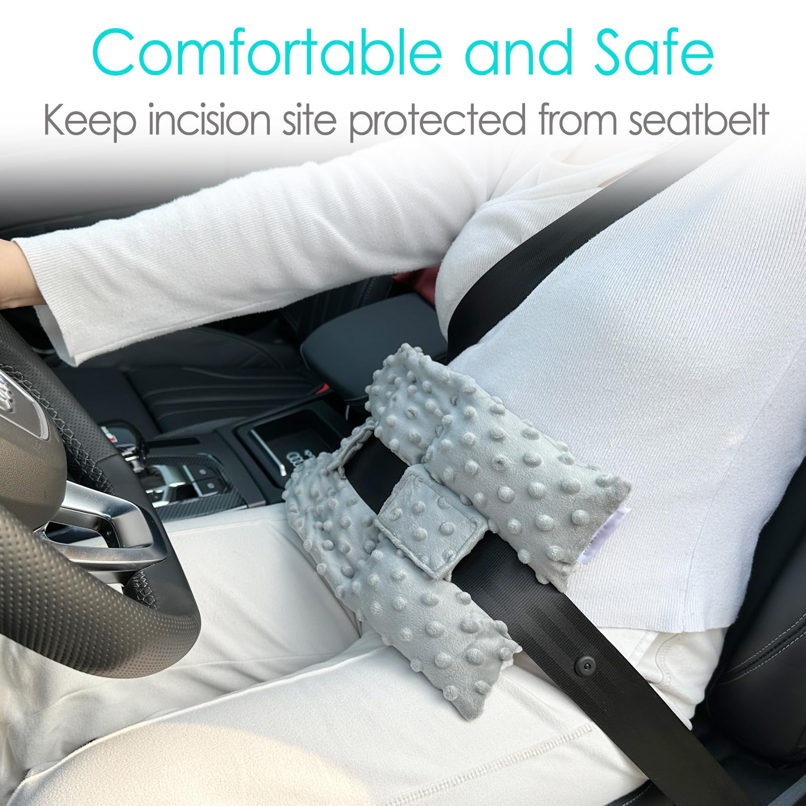 D. Cozy ostomy seatbelt pillow wrap-around design for easy belt attachment.
