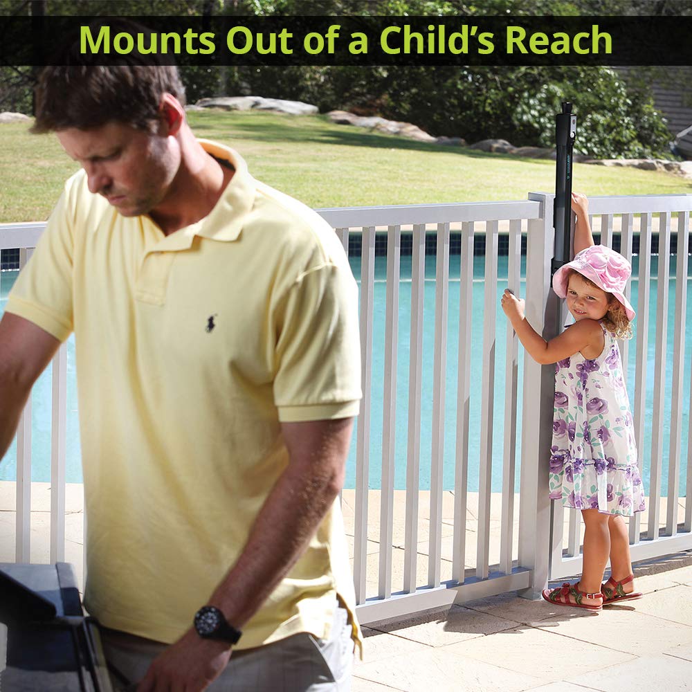 D&D MagnaLatch gate in pool-area setting emphasizes child-safety design.