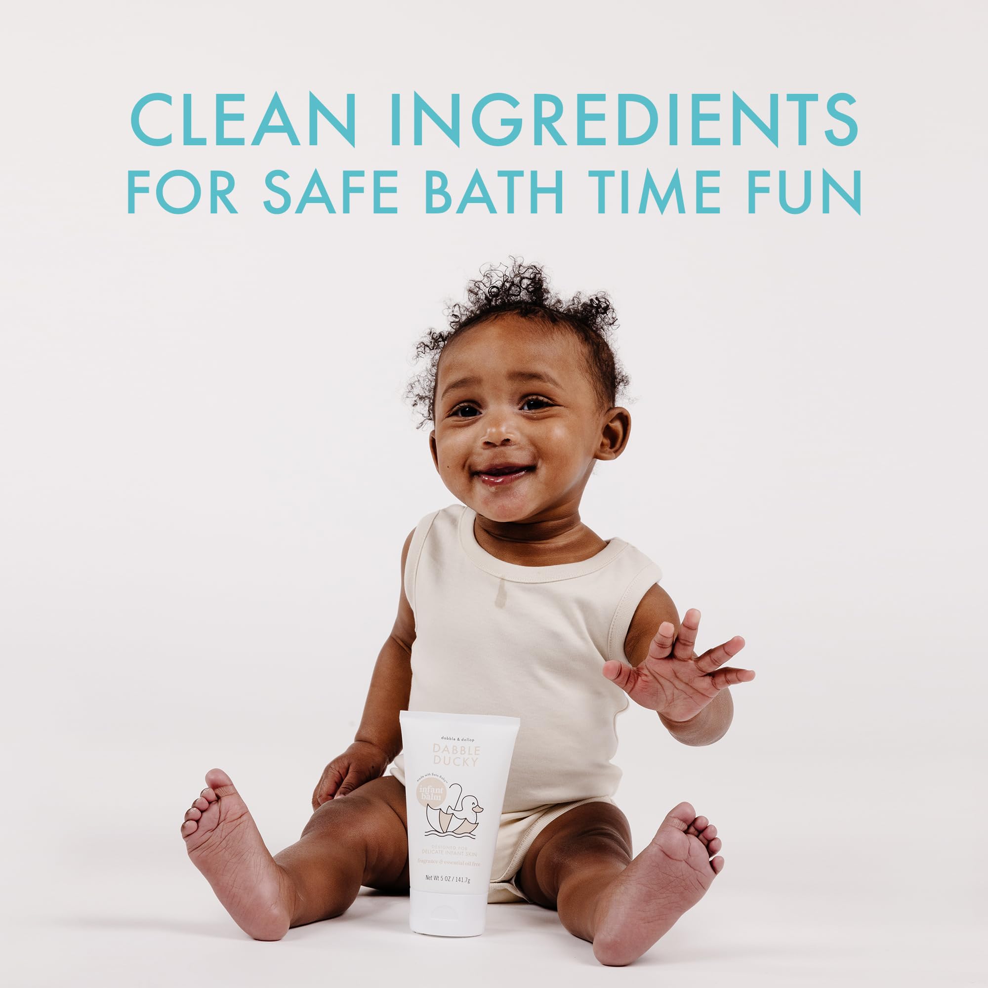 Dabble & Dollop Infant Balm jar close-up highlights fragrance-free formula