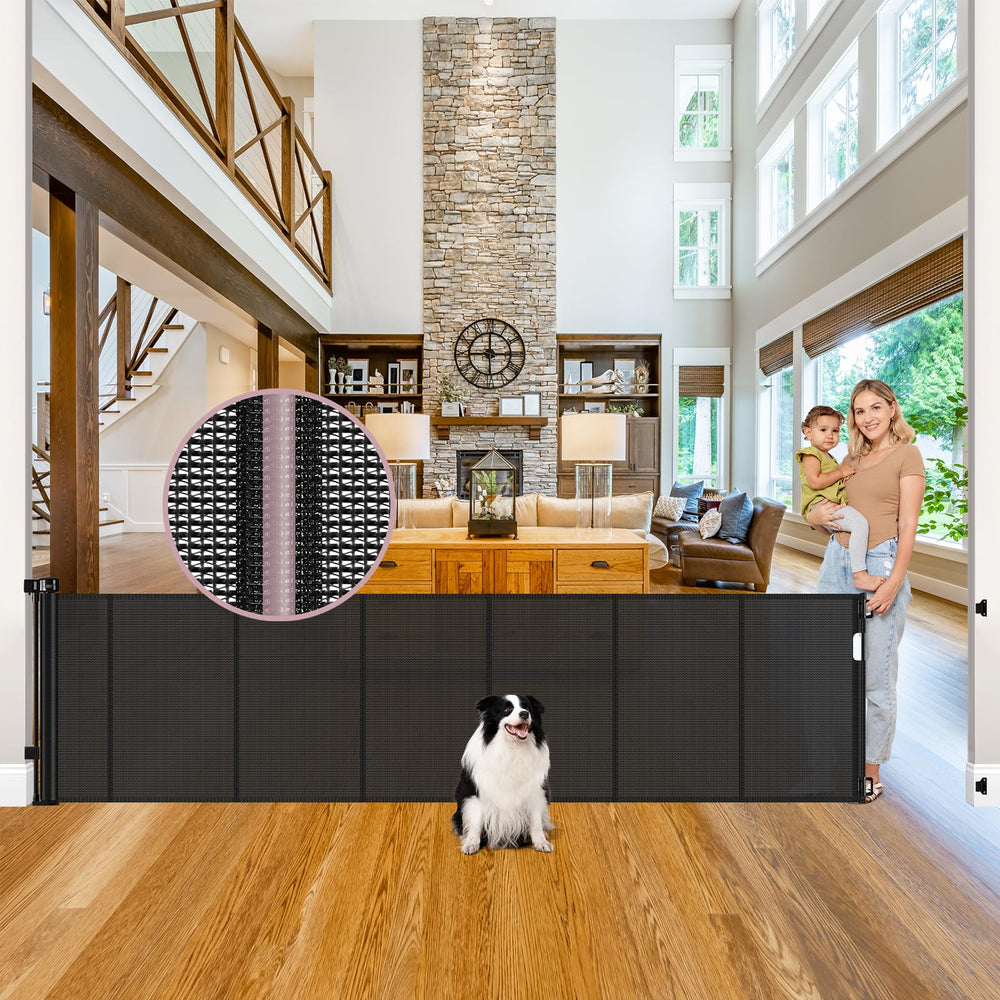 Dabormi 100-inch extra wide gate mesh in doorway for kids and pets safety.