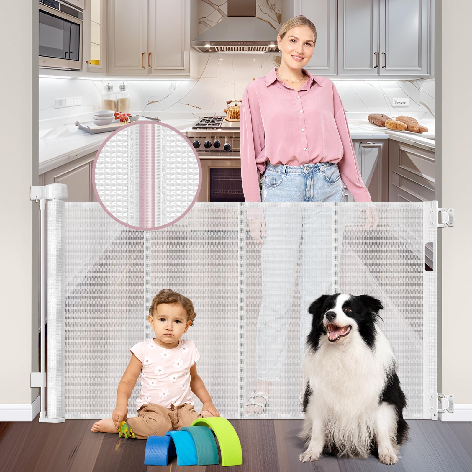 Dabormi 56-inch retractable gate with reinforced mesh close-up for stair safety.