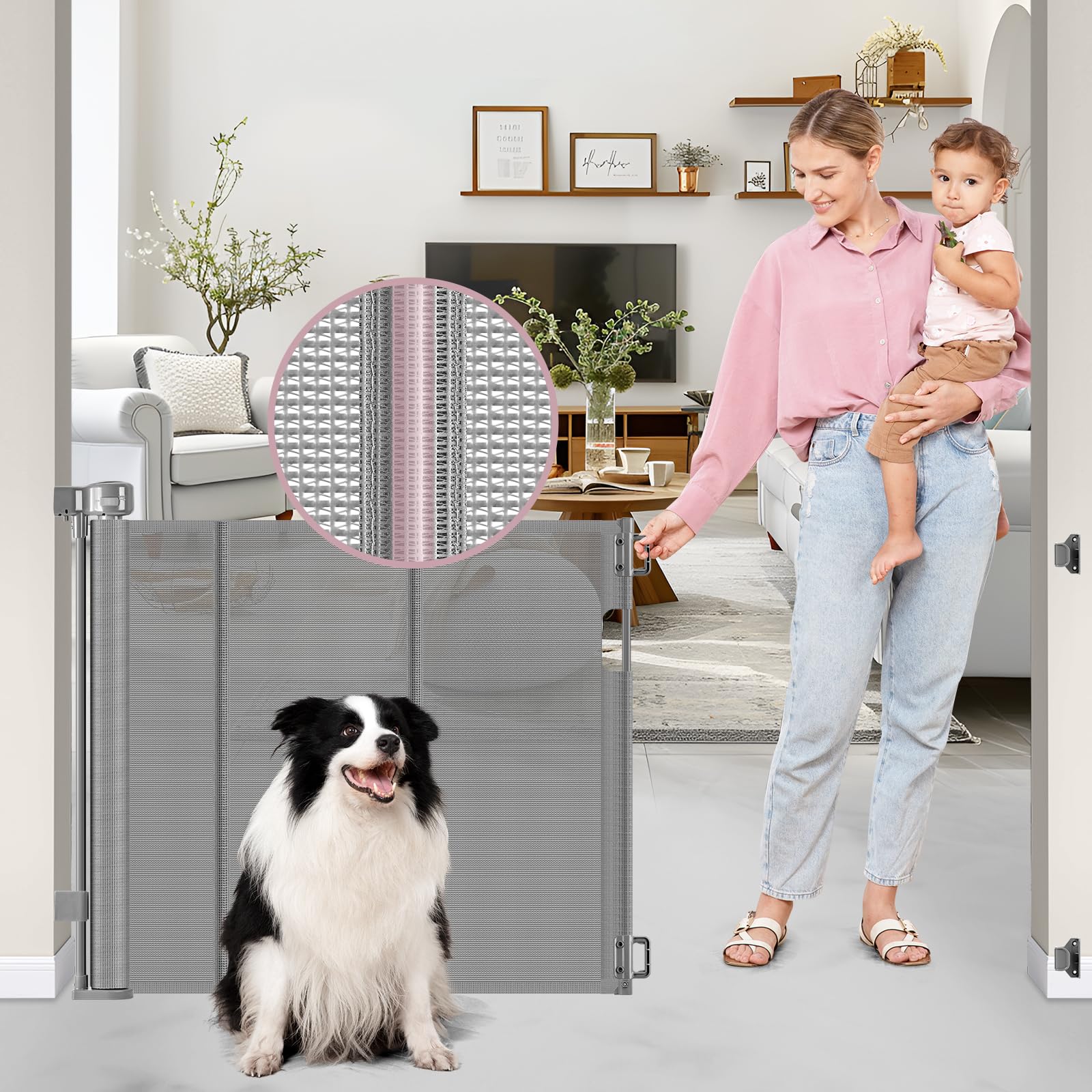 Dabormi 56-inch retractable gate on gray stairs with reinforced support for safety.
