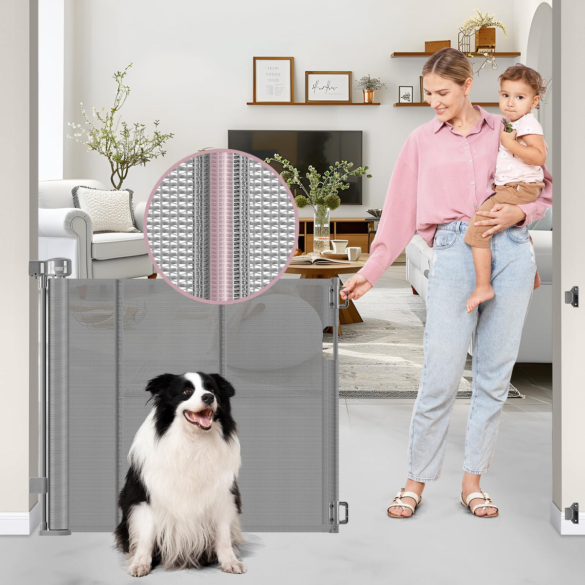 Dabormi 56-inch retractable gate on gray stairs with reinforced support for safety.