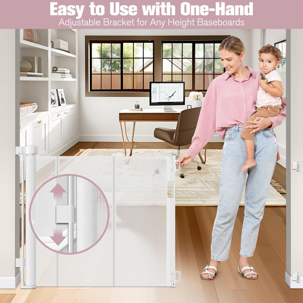 Dabormi gate with adjustable bottom fit for baseboards.