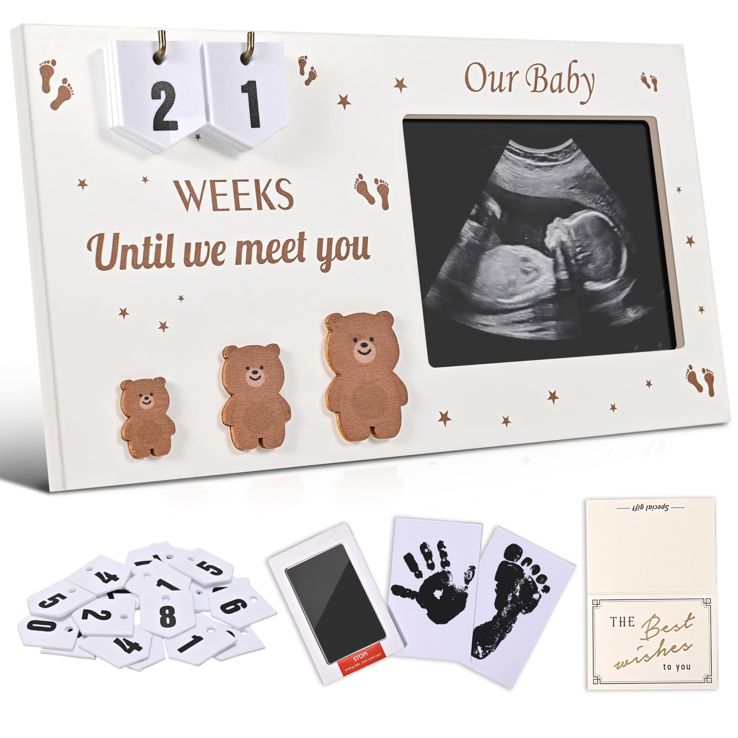 DACO MIN pregnancy countdown frame with bear-ultrasound motif on nursery wall
