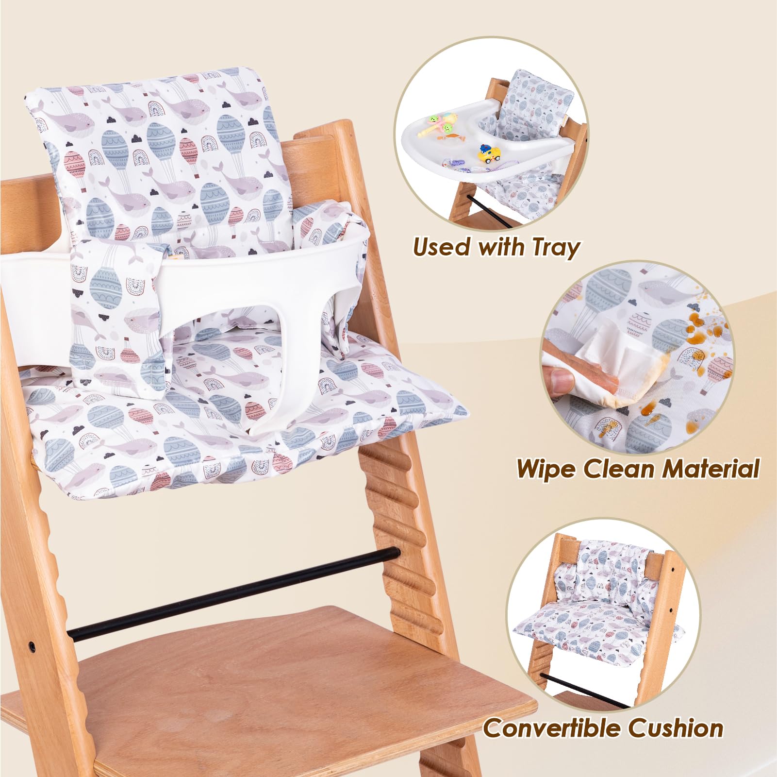 DADOUMAN convertible cushion for Tripp Trapp, tray-compatible without tools.