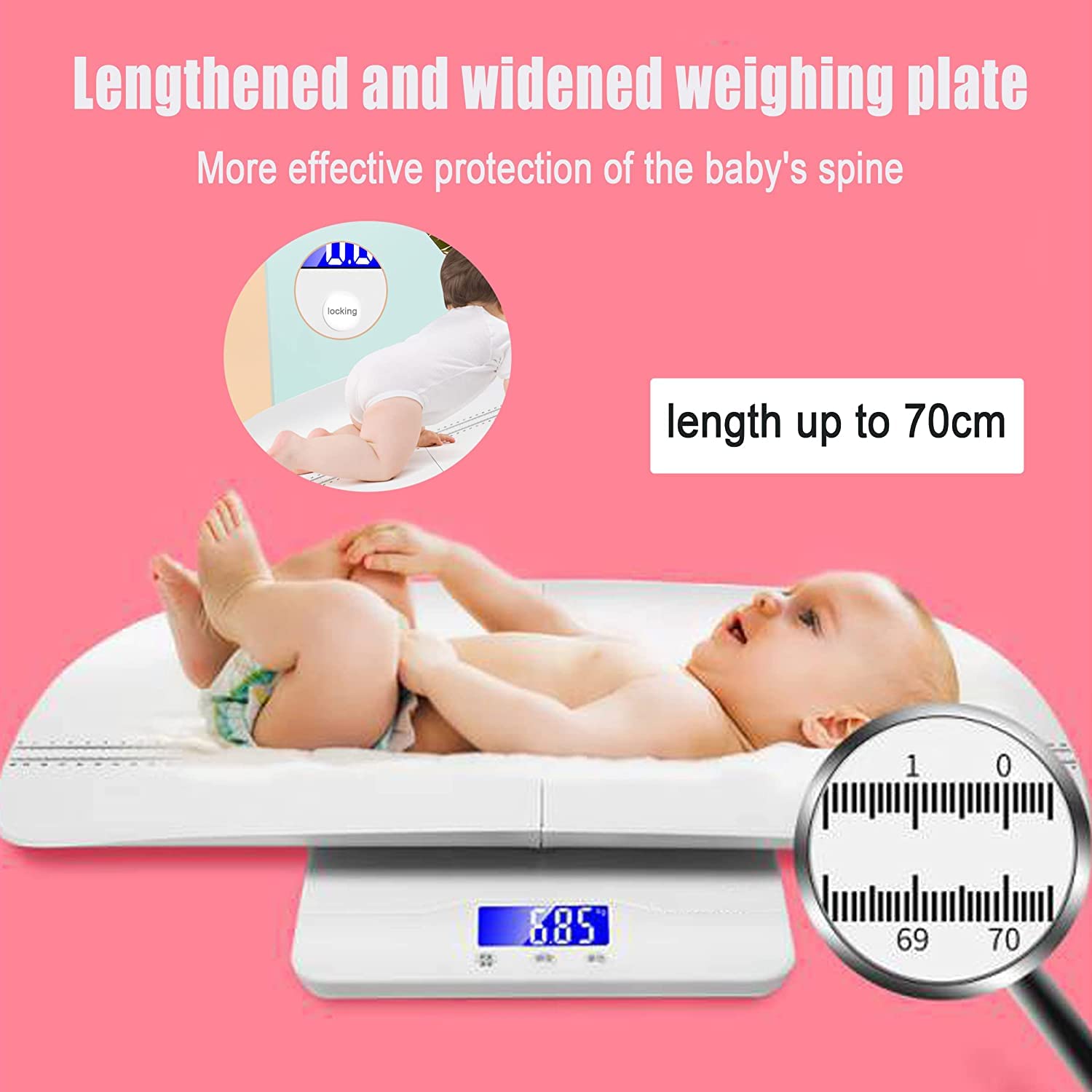 Daehung baby scale tray with height markers supports growth monitoring.