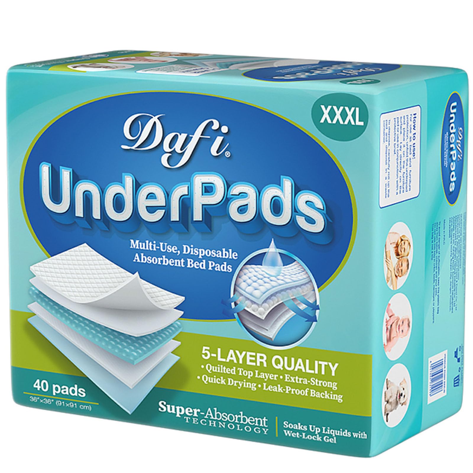 DAFI disposable bed pad pack shot showing extra-large 36x36 inches for full protection