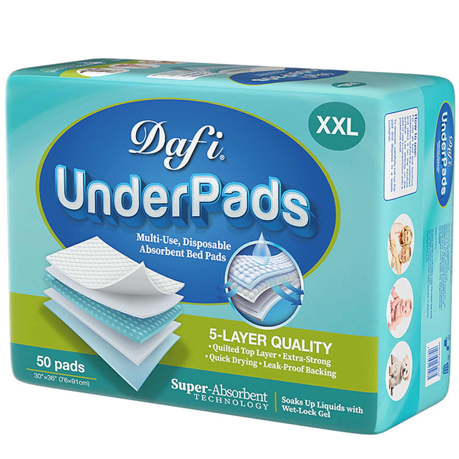 DAFI disposable bed pad on bed shows oversized protection and dryness.