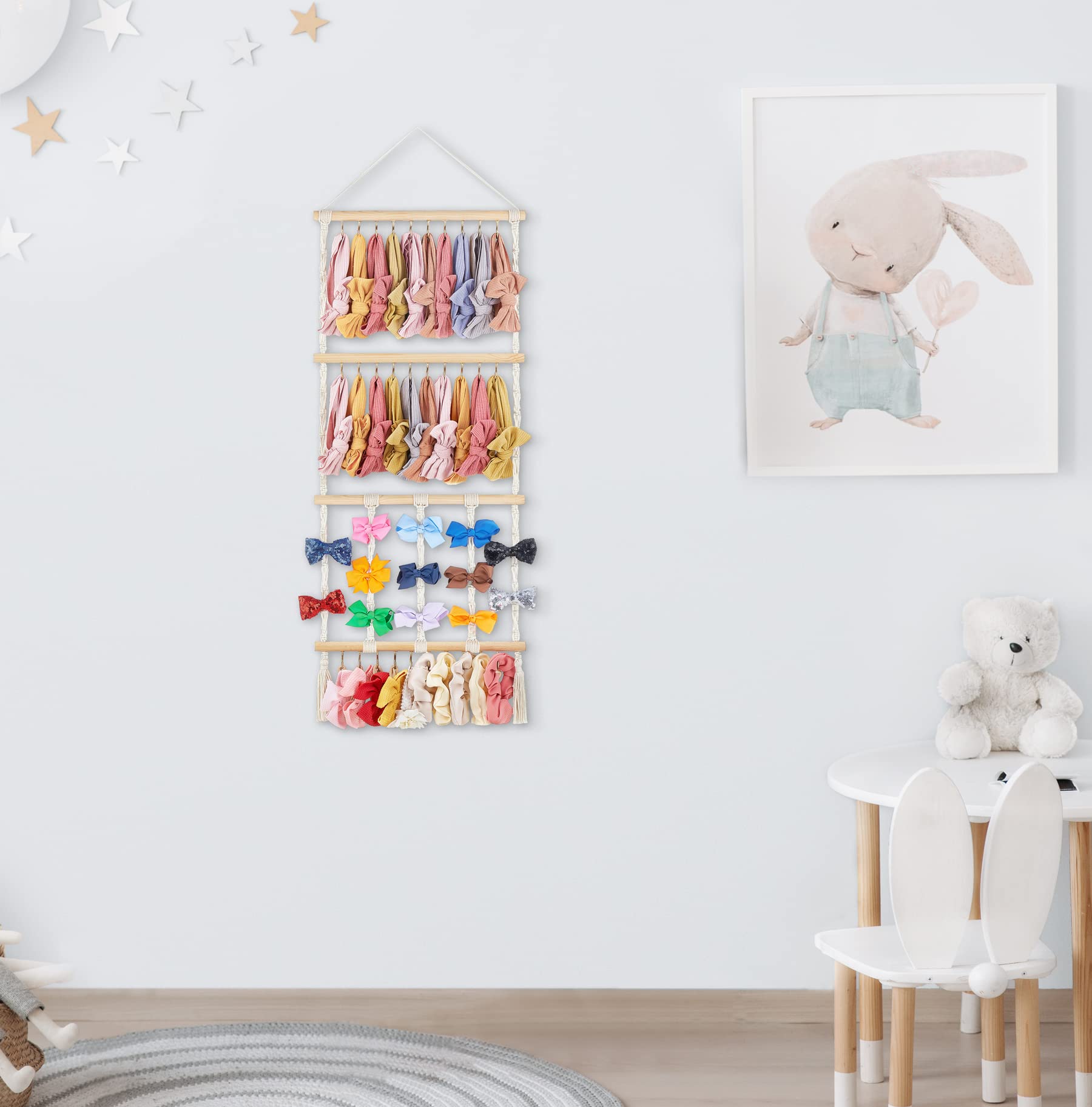 Dahey macrame display with 30 hooks maximizes space for bows and necklaces.