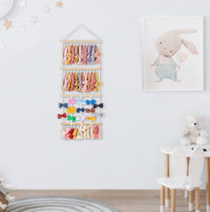 Dahey macrame display with 30 hooks maximizes space for bows and necklaces.