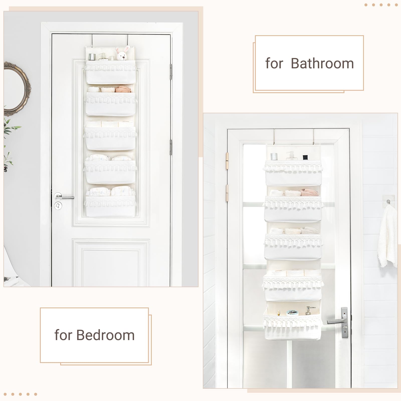 Dahey nursery organizer with decorative tassels, white and airy look.