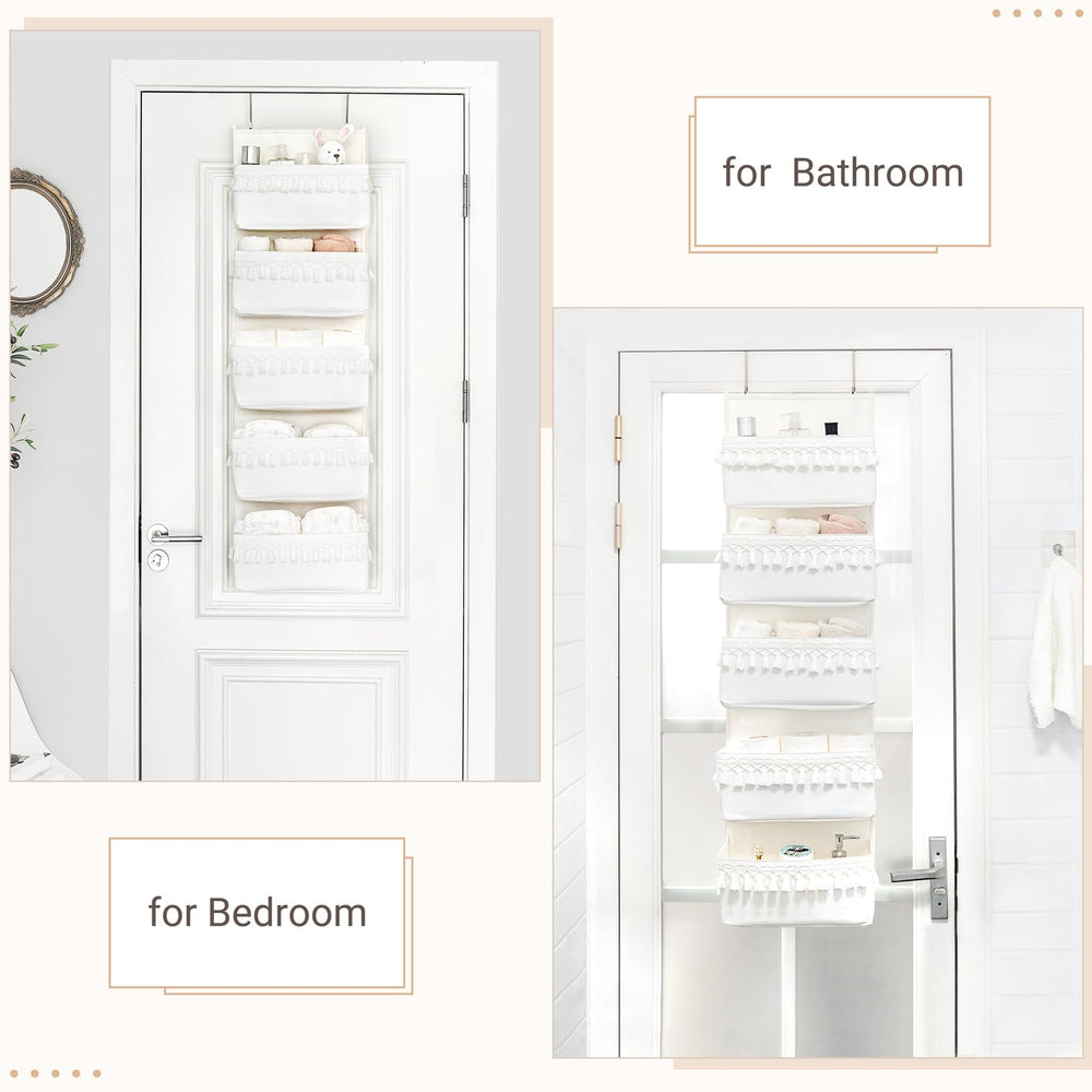 Dahey nursery organizer with decorative tassels, white and airy look.