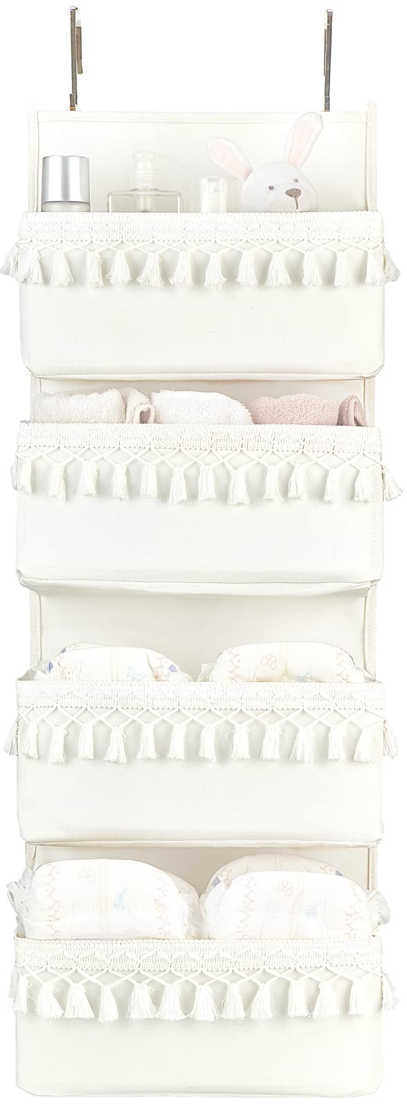 Dahey over-the-door organizer with boho tassels for organized nursery storage.