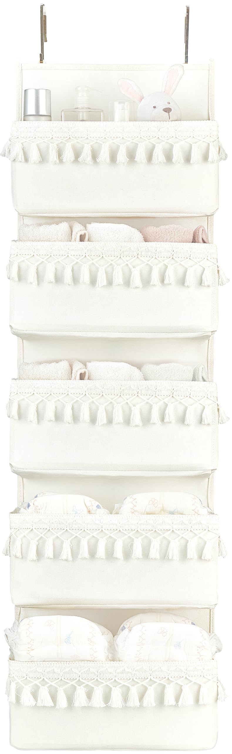 Dahey over-the-door organizer with five pockets in a boho nursery setup, white finish.