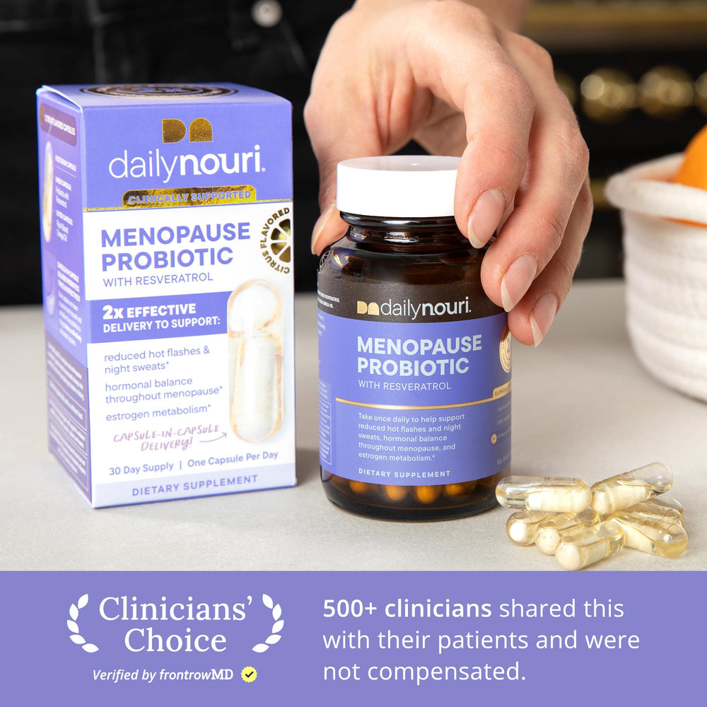 Daily Nouri Menopause Probiotic bottle label highlights proven strains and ingredients.
