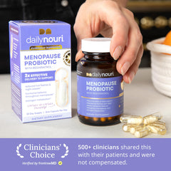 Daily Nouri Menopause Probiotic bottle label highlights proven strains and ingredients.