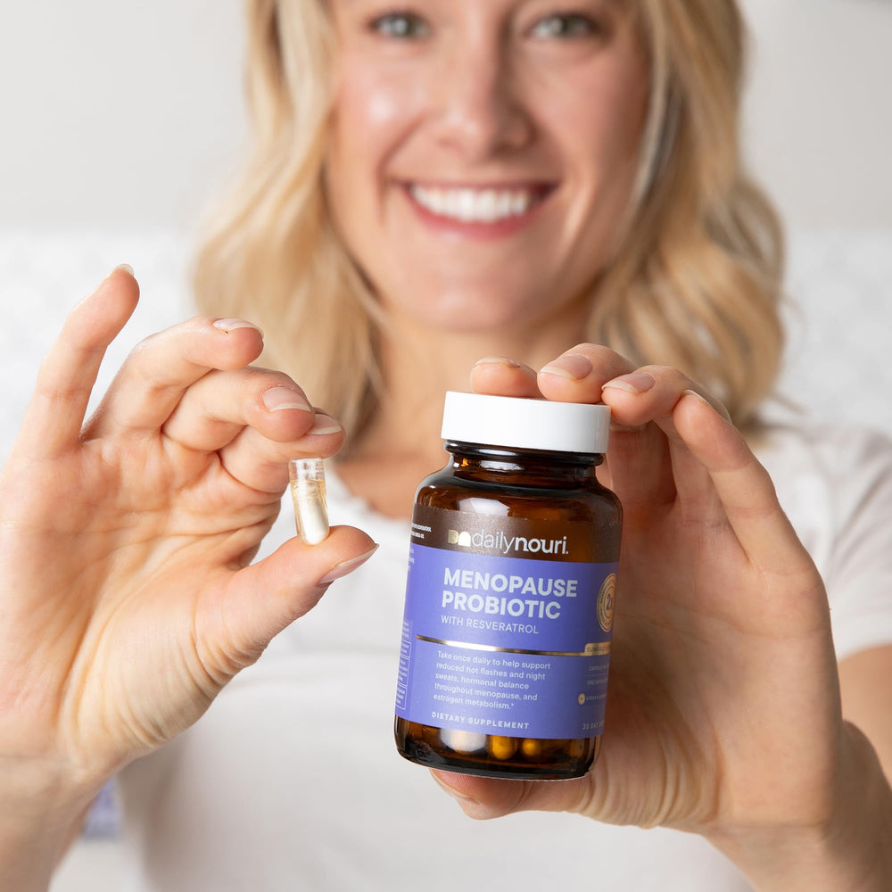 Daily Nouri Menopause Probiotic ingredients featuring resveratrol for antioxidant support.