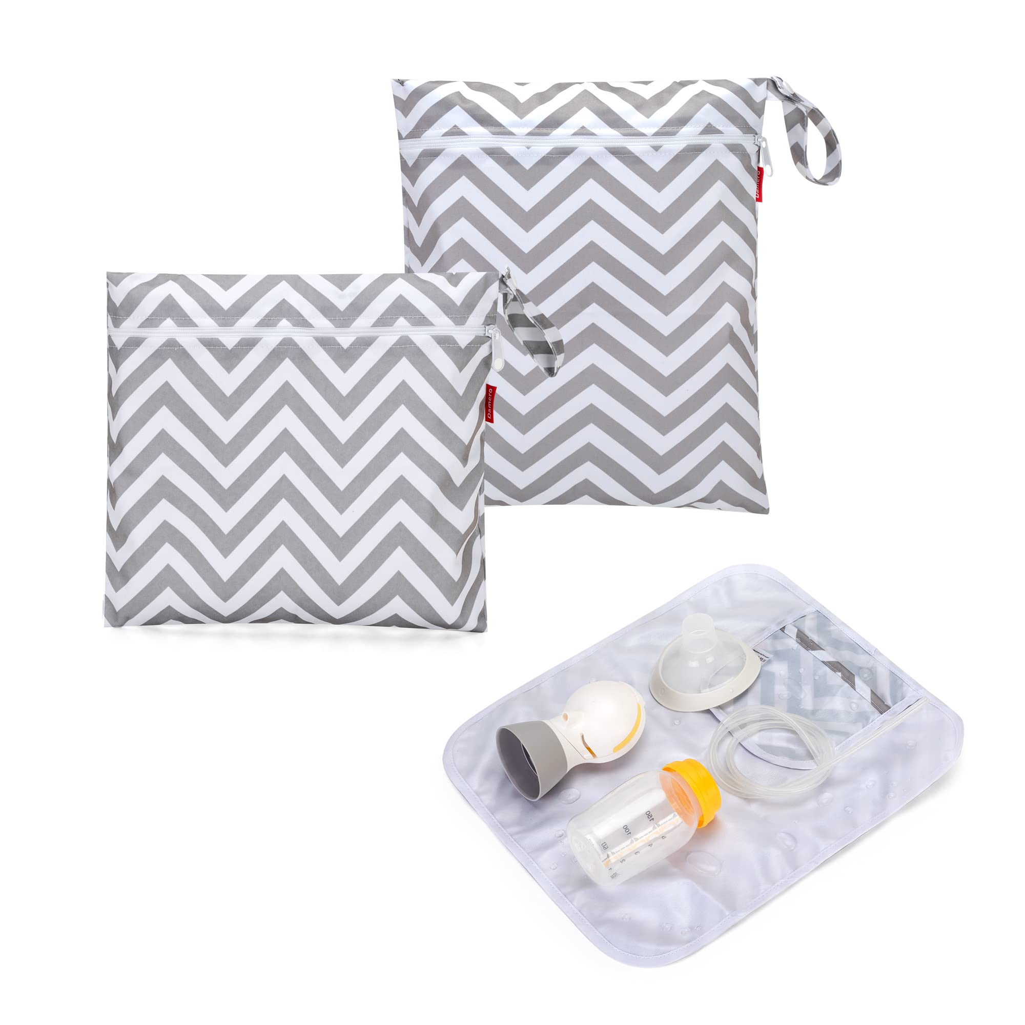 Damero breast pump parts bag in gray chevron, open view for easy access
