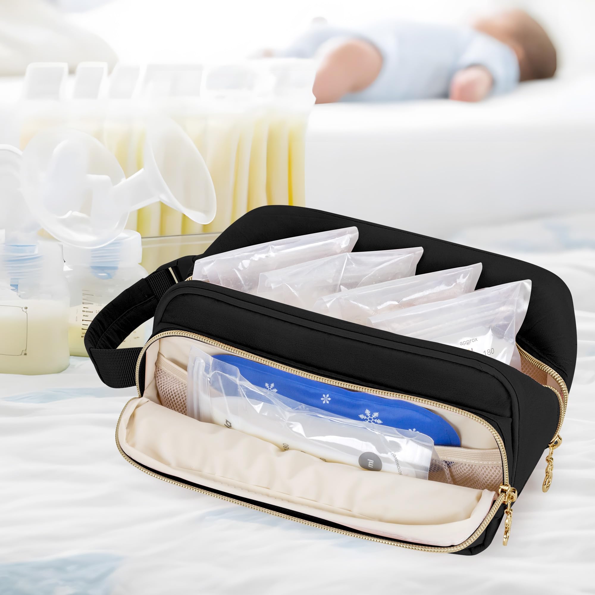 Damero black breastmilk cooler bag ideal for travel and daycare needs.