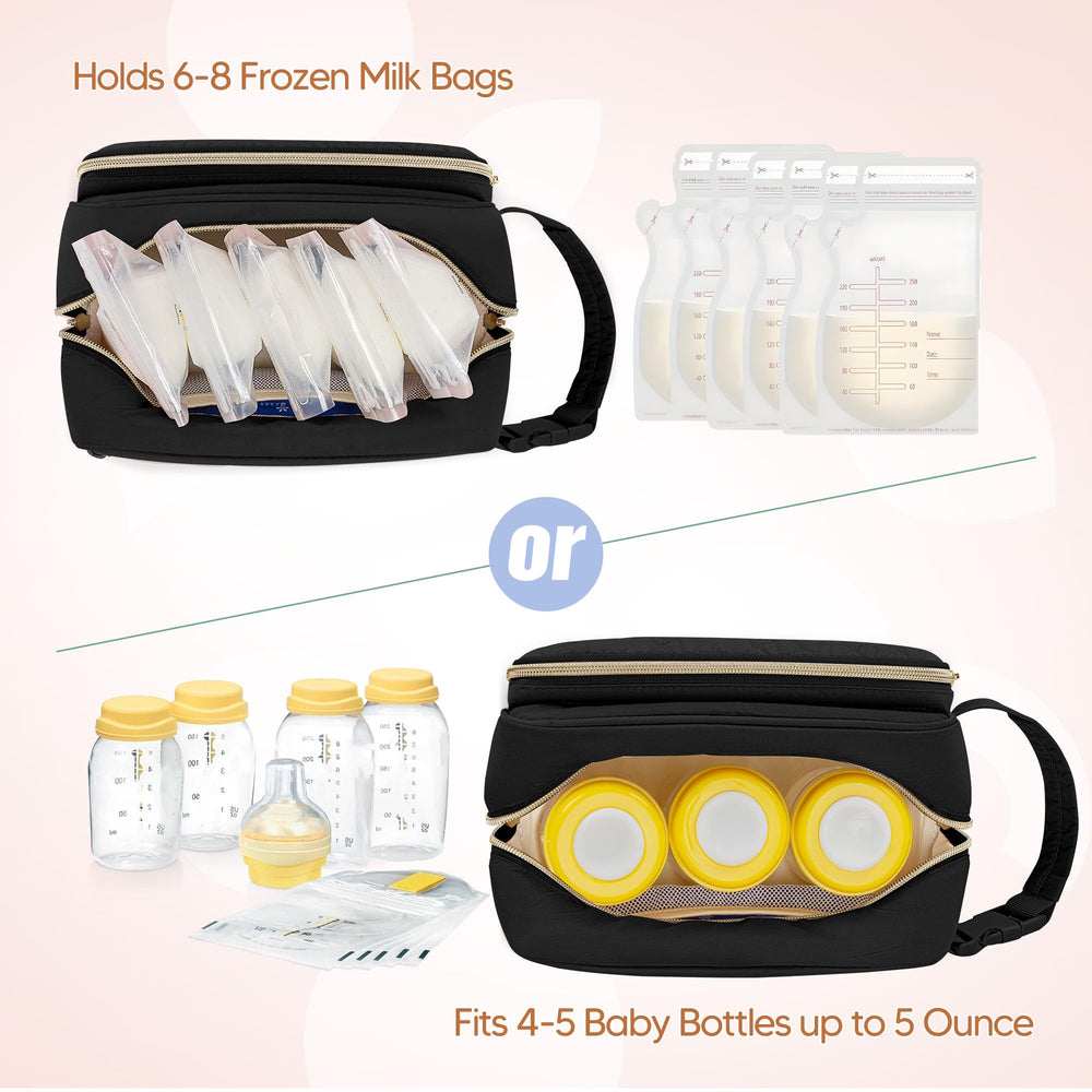 Damero cooler bag with detachable buckle handle attached to a stroller for travel.